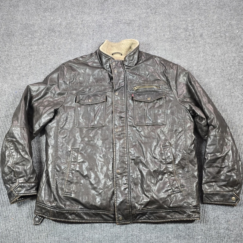 Levis Jacket Mens‎ 2XL Brown Faux Leather Sherpa Lined Moto Pockets Warm